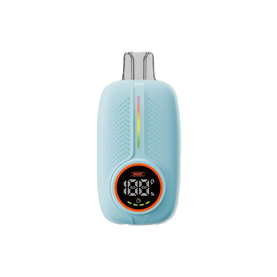 Waka_-_Nova_Boost_18000_-_Blueberry_Raspberry_3.png - Iget Vapes Oz Light-blue handheld electronic toy with a circular orange-outlined display showing '153%' and the word Boost, set against a neon striped background