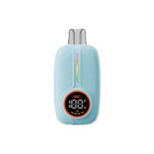 Blue handheld electronic device with a circular digital display on the front, featuring a bright orange border and dotted grip texture, shown against colorful packaging.