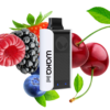 Vaporizer device flanked by berries—strawberry, raspberry, blackberry, blueberry, and cherries.
