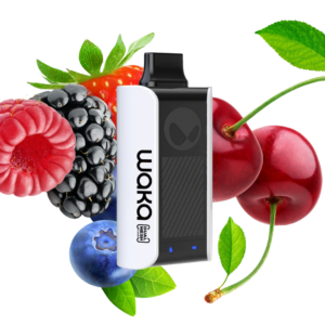 Vaporizer device flanked by berries—strawberry, raspberry, blackberry, blueberry, and cherries.