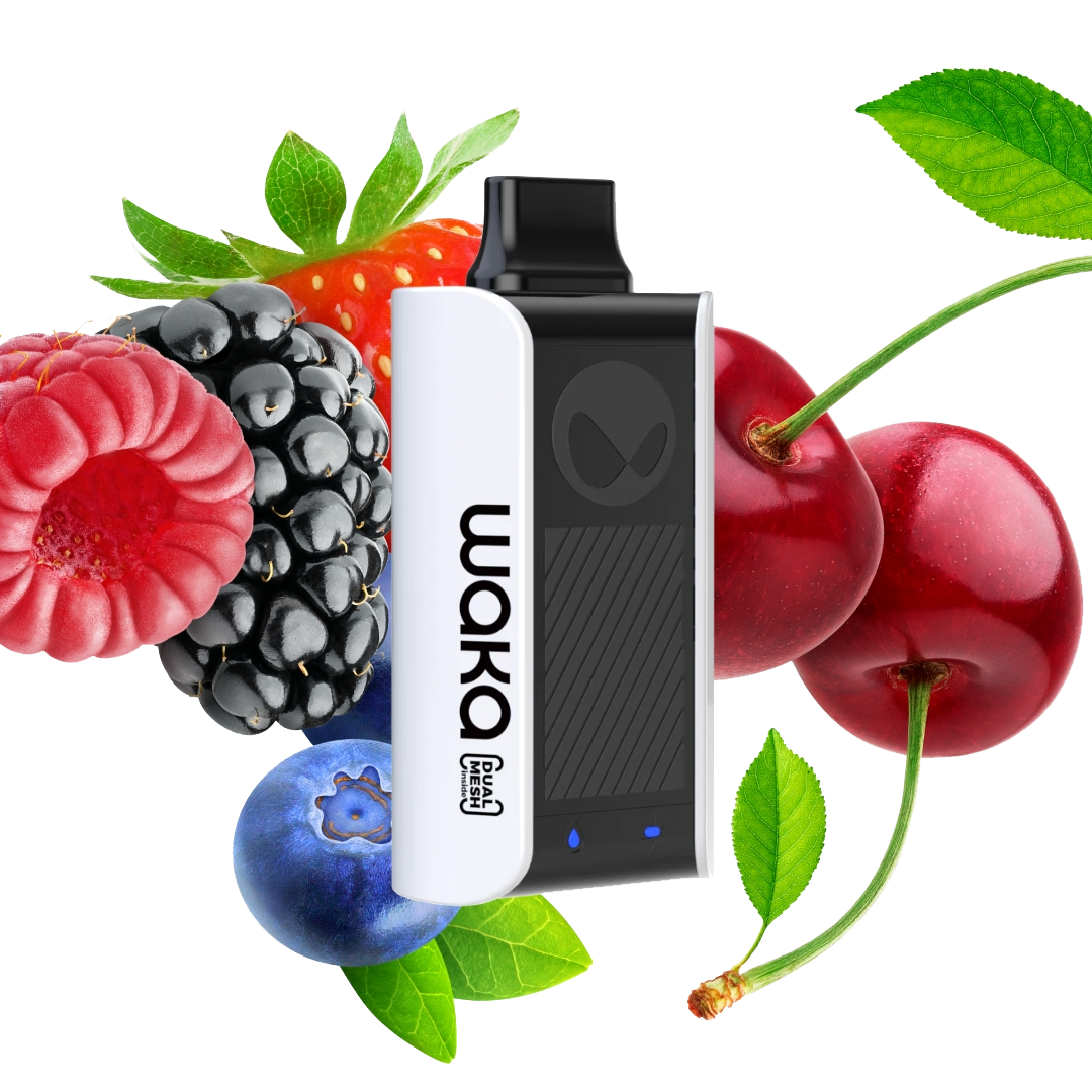 Waka_-_soPro_18000_-_Cherry_Berry_5.png - Iget Vapes Oz Vaporizer device flanked by berries—strawberry, raspberry, blackberry, blueberry, and cherries.