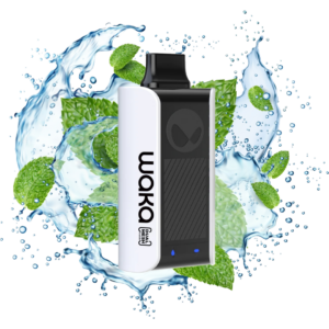 Pod-style vape device with white and black body, surrounded by mint leaves and splashing water to convey freshness and flavor.