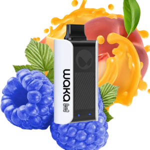 Close-up of a handheld vaping device (white and black pod) surrounded by blue berries and a peach with orange splash in the background, suggesting flavored vape juice