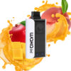 Vape pod device with white and black body, 'WOKO' branding, surrounded by mango juice splashes.