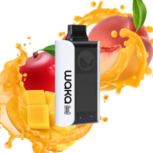 Vape pod device with white and black body, 'WOKO' branding, surrounded by mango juice splashes.